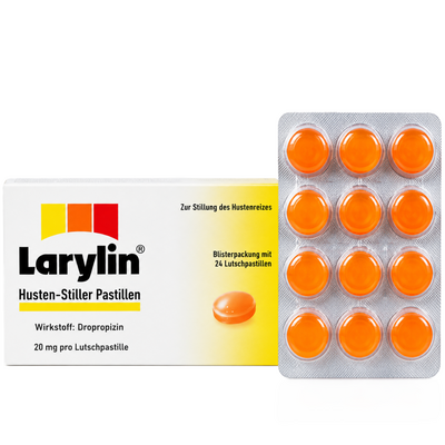 Faltschachtel und Flasche der Larylin Hustenstiller Pastillen