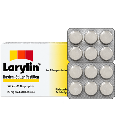 Faltschachtel und Flasche der Larylin Hustenstiller Pastillen